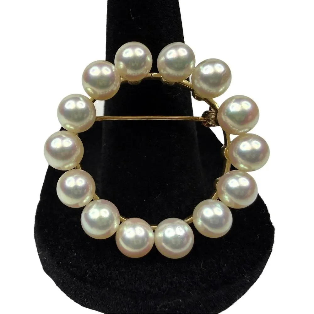 Elegant Vintage 14K Gold JF Cultured Pearl Circle Brooch Pin Classic Jewelry 1
